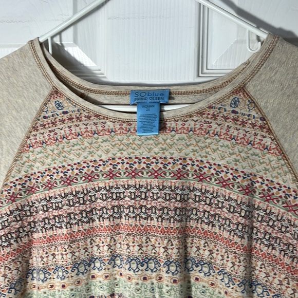 SO blue sigrid olsen VTG Y2K raglan slv cotton crop top boho geo multi color 2X - Picture 2 of 13
